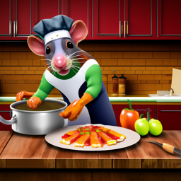 Stage 2: a rat cooking ratatouille in a detailed kitchen